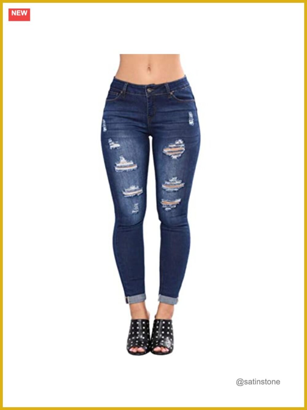 Stretch Ripped Skinny Distressed Denim Jeans with Cuffed Hem